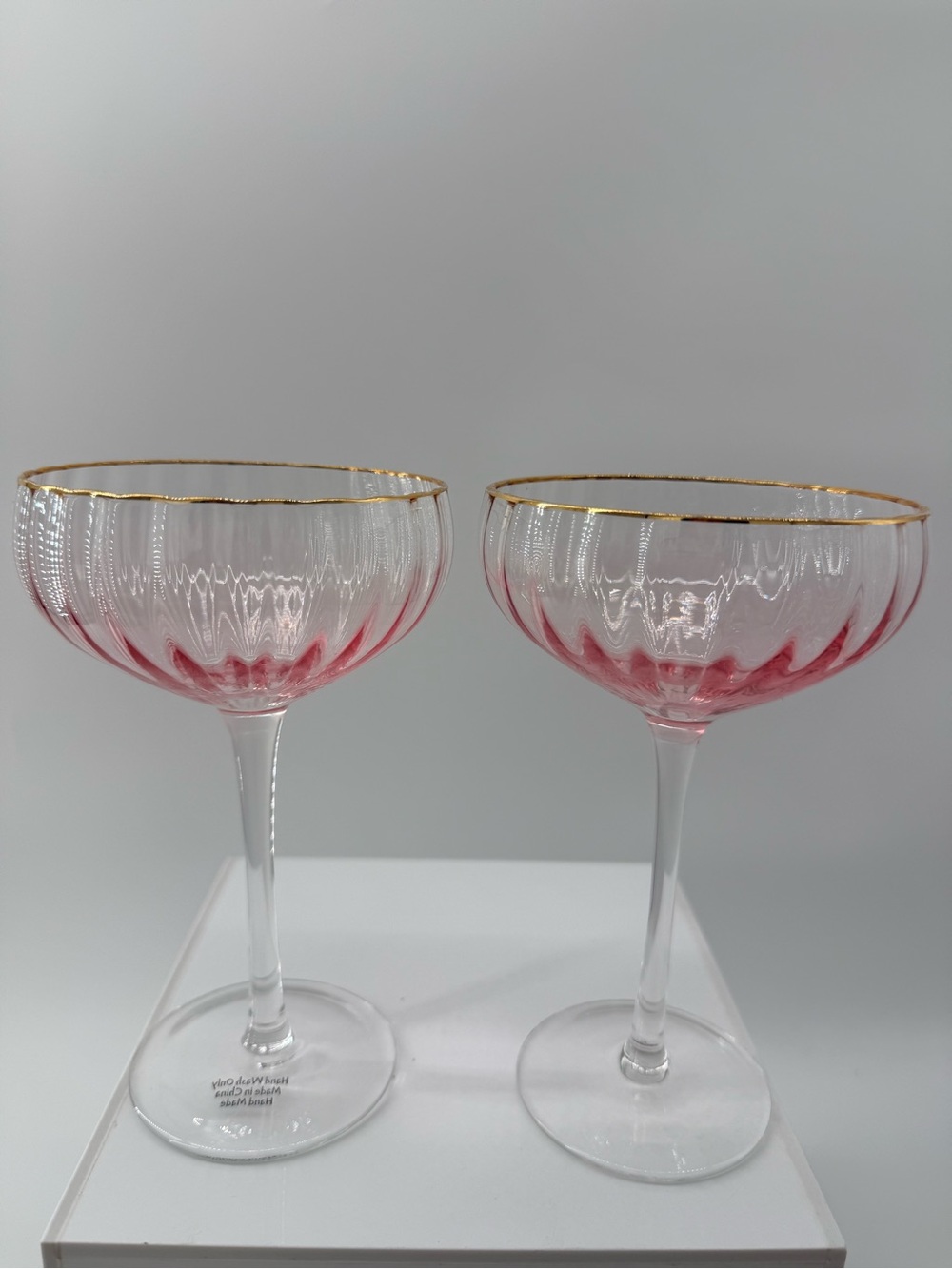 Pink Rimmed Coupe Glasses with Gold Trim - Set of 2